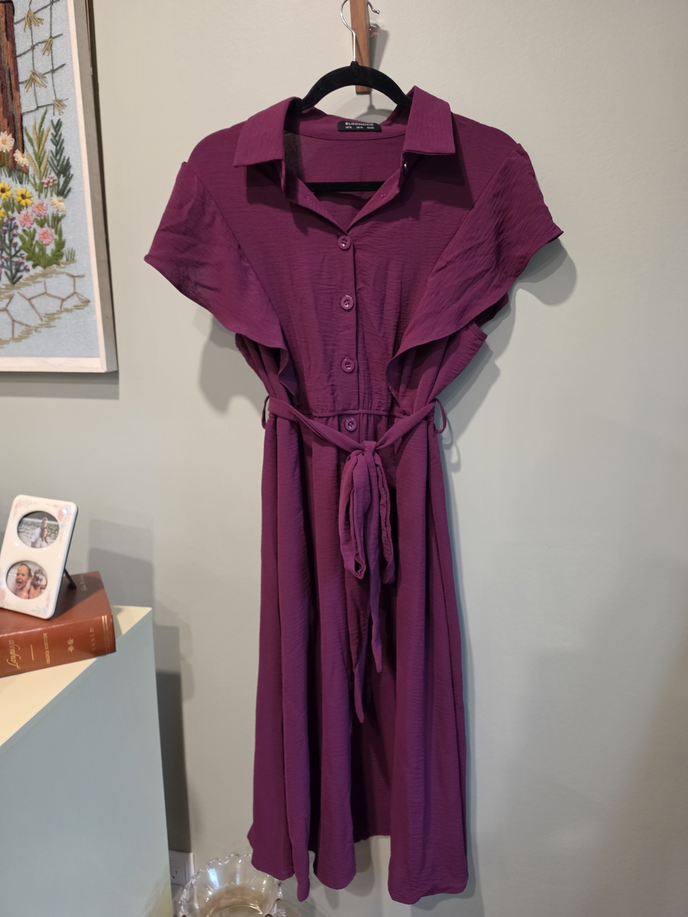 BloomChic Plum Button-Front Midi Dress with Self-Tie Waist
